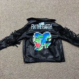 Black Fringe Jacket with Earth Design